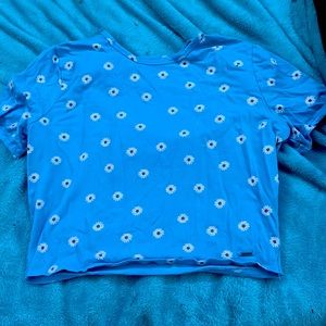 blue crop top with sunflowers